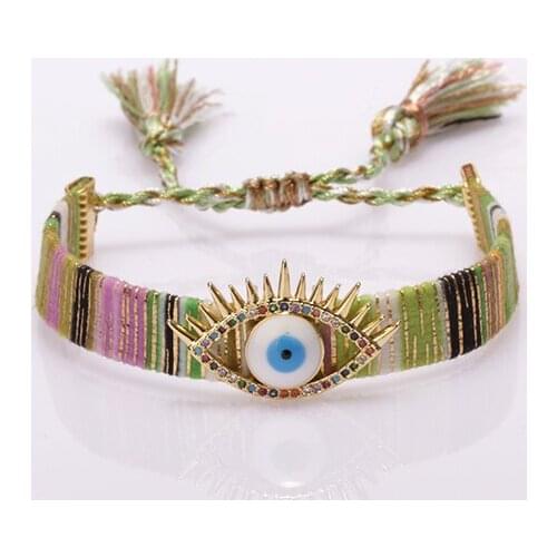 Ethnic boho mix cz pave Fatimas Hand hamsa blue eye protection soft cotton silk tassel band charm adjustable woman bracelet