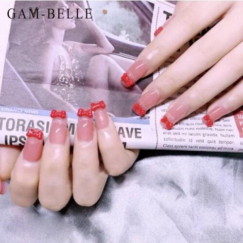 GAM-BELLE Cute Nude False Press on Nails 3D Red Bow French Artificial Nail Tips Full Cover DIY Manicure Beauty Nail Art Tools