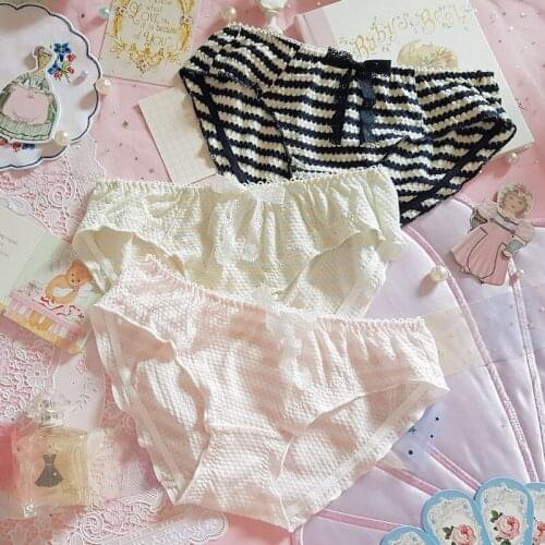 Kawaii Sexy Cute Girls Knitted Cotton Panties Briefs Womens Underwear Daily Wear Lace Bow Pantsu Warm Fairy Kei