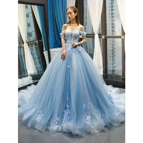 Sweetheart Light Blue Prom Dresses Quinceanera Dress Princess A Line Off Shoulder Lace 3D Applique Sweet 16 Party Evening Gowns