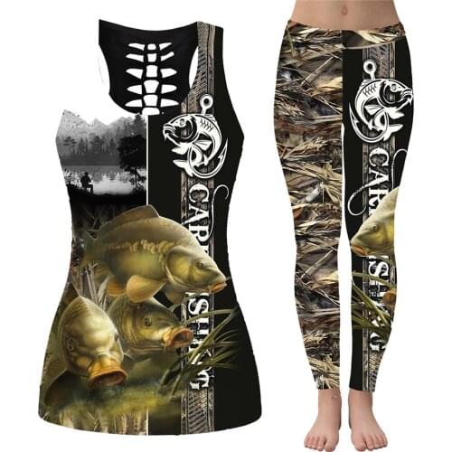 Fashion 3D Print Animal Carp Fishing Women Hollow Tanktop & Legging For Hipster Leisure Female Sexy Vest Clothe S-87