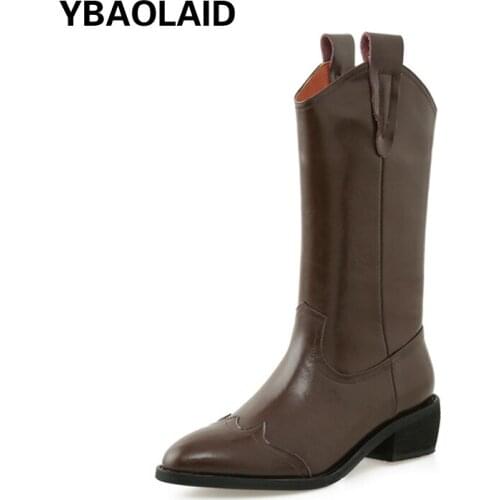 Fashion Retro Pointed V-heel Cowboy Boots for Fall/winter New Solid Color Cowhide Mid-tube Rubber Sole Thick-heeled Knight Boots