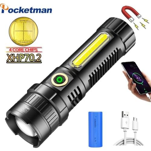 80000LM LED XHP70.2 Flashlight USB Rechargeable COB Torch Waterproof Zoom Lantern with Power Display Super Bright 26650 Light