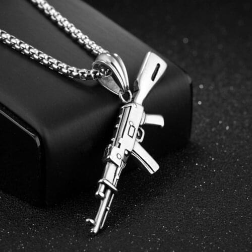 Mens necklace gold stainless steel choker necklace pendant chain necklace men punk accessorie AK submachine gun pendant jewelry