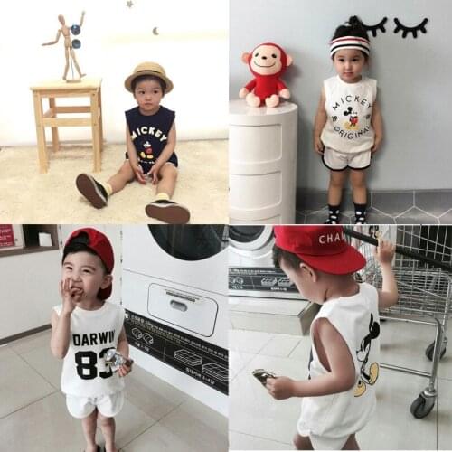 New Girls Boys Clothes Summer Sleeveless Cartoon Minnie Letter Cotton VEST+PANTS 2pcs Sets Unisex Kids Toddler Girl Boy Clothes