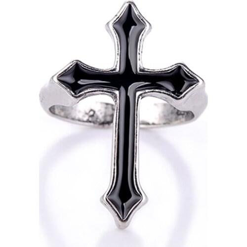 European And American Retro Black Big Cross Open Ring Ladies Party Jewelry Mens Fashion Gothic Metal Color Ring Hip Hop Ring