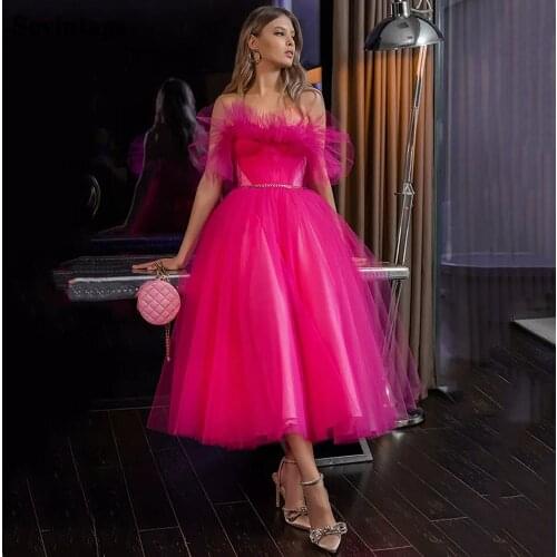 Sevintage Fuchsia Ruffles Prom Dresses 2021 Tea length Short Homecoming Gowns A Line Corset Princess Evening Dress Formal Wear
