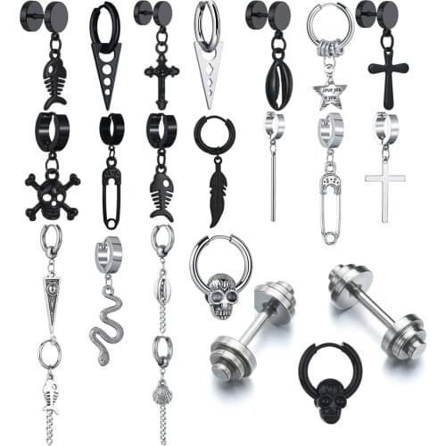 New Cross/Fish/Shell/Skull/Dumbbell/Stick Dangle Steel Ear Stud Bars Simple Stud Earrings Piercing For Men/Women Jewelry