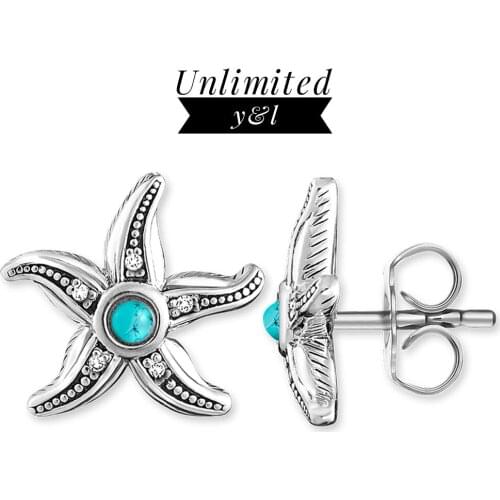 Blue Stone Starfish Stud Earrings for Women Men Punk Thomas Style High Quality Ear Stud Silver Fashion Jewelry Gifts