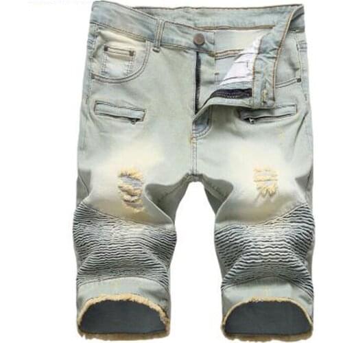 New Mens male fashion vintage slim straight ripped biker shorts for motorcycle Knee length stretch denim pleated fringe jeans