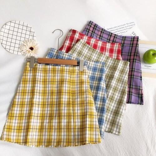 OUMEA Women Plaid Skirts Summer Preppy Style School Girl Checked Skirt Vintage High Waist Slit Mini Skirt For Women Side Zipper