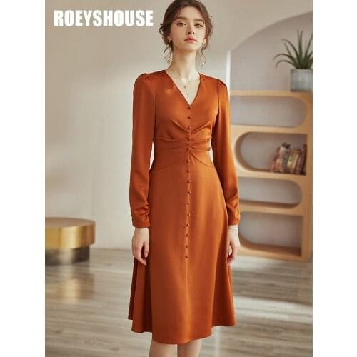 Temperament V-neck satin dress womens 2021 early autumn new elegant large swing waist closing medium length skirt