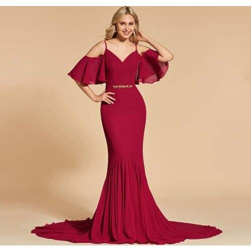 Tanpell spaghetti straps evening dress burgundy 3/4 sleeves floor length sweep train gown women custom mermaid evening dresses