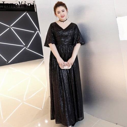 JaneVini Plus Size Womens Evening Gown Dresses Bling Sequined Black Formal Dress Half Sleeve Party Wear Gala Jurken Dames 2019