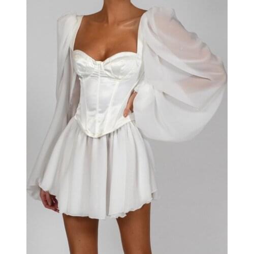 Women vintage long lantern sleeve mini dress A-line stain effect 2021 new fashion party Corset Chiffon dresses