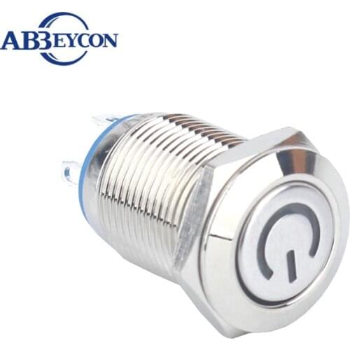 12mm 12V Blue led Logo Illuminated Power Symbol Light Brass Flat Round Head Momentary Push Button Metal Shell Mini Switch
