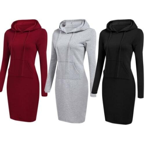 2021 Women Long Sleeve Hooded Dress Solid Color Pockets Skinny Long Sweatshirts Winter Autumn Thermal Casual Hoodies