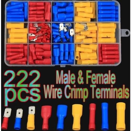 222PCS AWG22-10/0.5-6.0mm Assorted Spade Male Female Wire Crimp Terminals Electrical Wire Connector Kit