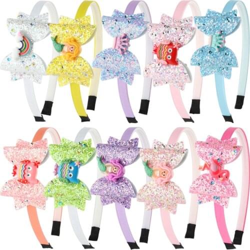 10pcs/set Girls Hair Accessories Children Spring Headwear Glitter 3Inch Hair Bow Animal Flamingo Shiny Bows Design Kid Head Hoop