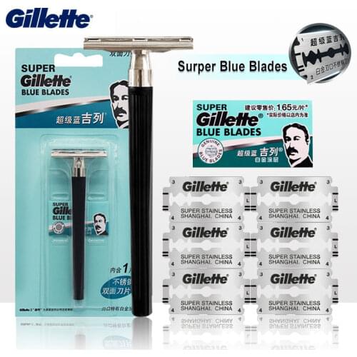 Safety Razor Gillette Shaving Blades Double Edge Super Blue Handle Case Platinum Coated Replacement Blades Shave Knife Shavette