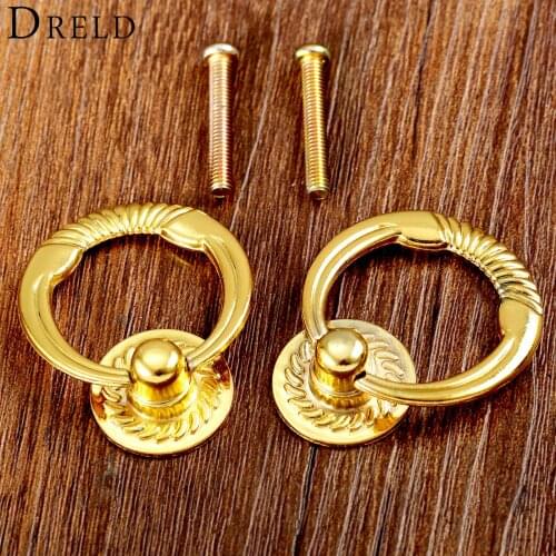 DRELD 2Pcs Antique Gold Cabinet Knob and Handle Vintage Furniture Handle Door Cabinet Drawer Knob Ring Pull Handle for Furniture