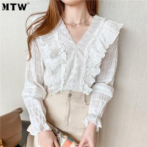 Elegant Ruffle Shirts Women White Blouses 2020 Casual V-Neck Puff Long Sleeve Solid Tops Autumn Korean Office Shirt