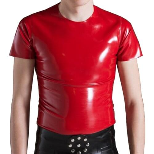 Red Latex Man Top T-shirt Round Collar Rubber Tee Shirt Handmade S-LSM067