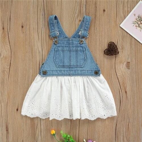 Fashion Baby Girls Denim Suspender Dress Floral Hollow Out Sleeveless Square Collar Sundress for Summer 1-5 Years