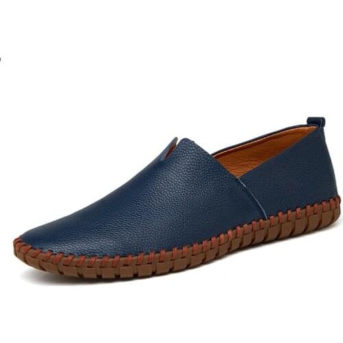 Genuine Cow Leather Mens Loafers Fashion Handmade Moccasins Soft Leather Blue Slip On Mens Boat Shoe PLUS SIZE 38~48