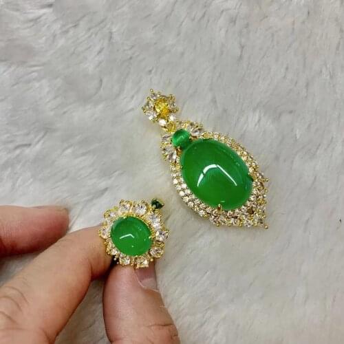 Natural Green Chalcedony gemstone jewelry set natural Chalcedony ring pendant fine jewelry for woman for gift wholesale