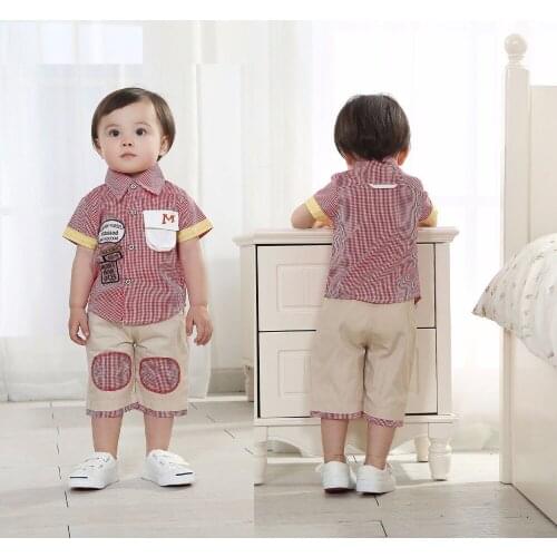 Cheap Baby Boy Clothes Kids Shorts Baby Boy Plaid Clothing Suit Children Clothing Boutique Summer Turn Down Collar Blouse Suits