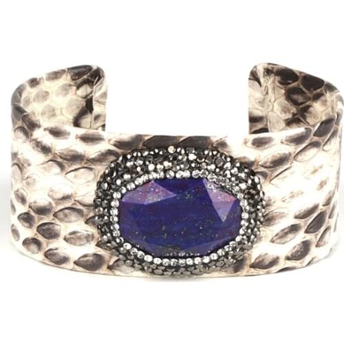 Oval royal blue lapis lazuli stone bead charm pave rhinestone resizable grey snake leather wide wrap open bangle cuff for women