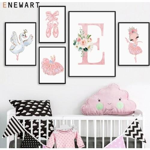 Personalized Capital Letter Canvas Poster Nursery Decorative Wall Art Prints Pink Ballet Painting Picture for Baby Girls Room