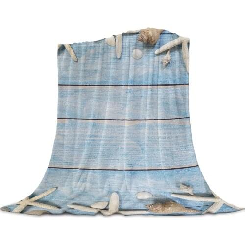 Beach Starfish Blue Wooden Texture Coral Fleece Blanket Soft Warm Outdoor Travel Throw Blankets Adult Kids Winter TV Blankets