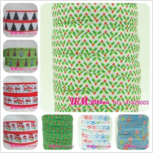 Q&N ribbon wholesale/OEM 5/8inch 16mm Christmas Printed Fold Over Elastic ribbon FOE Webbing 50yds/roll free shipping hair tie