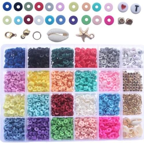 24 Grid Multicolored Polymer Clay Discs Alphabet Beads Shell Starfish Pendants Lobster Clasp for DIY Jewelry Making