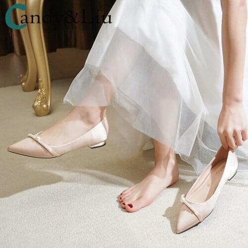 Wedding shoes women flat 2020 new winter bride shoes champagne color tired feet low-heeled pregnant bridesmaid crystal shoes