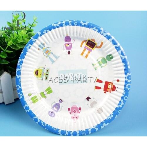 Party supplies 8PCS 7 Inch Robot Scientific Interest theme party decoration disposable plate dish white cardboard with food film