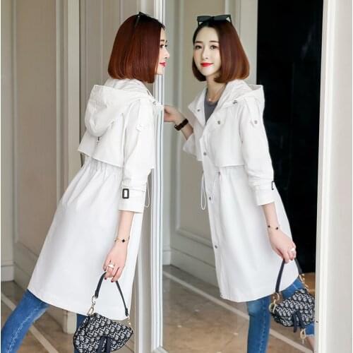 2020 New Spring Autumn Coat White Loose Hooded Trench Coat Plus size Slim Outwear Casual Female Windbreaker Adjustable waist