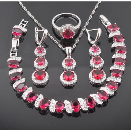 2020 New Rose Red Zirconia Silver Color For Women Jewelry Sets Bracelet Necklace Pendant Earrings Ring QS0494