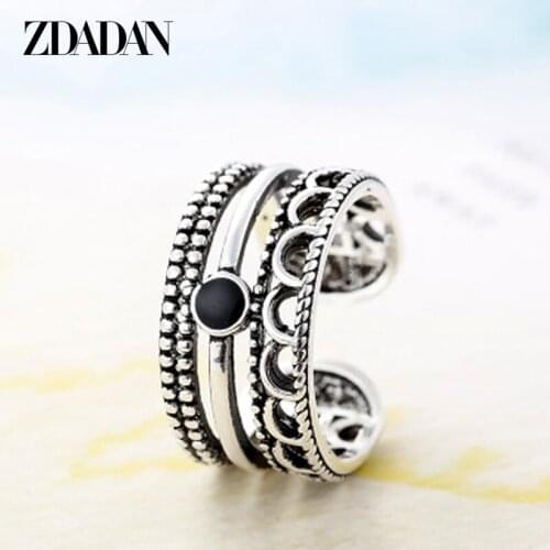 ZDADAN 925 Sterling Silver Vintage Thai Silver Adjustable Round Crystal Ring For Women Fashion Party Jewelry Accessories