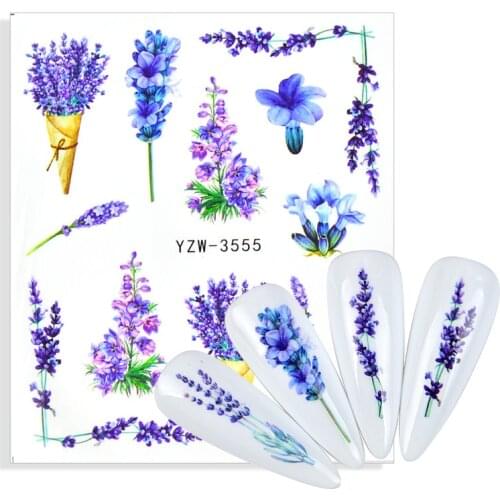 1 Sheet Water Stickers Decals Blooming Artistics Nail Design Sliders for Nails Lavender Flower Leaves Designer Logo Nail Decals