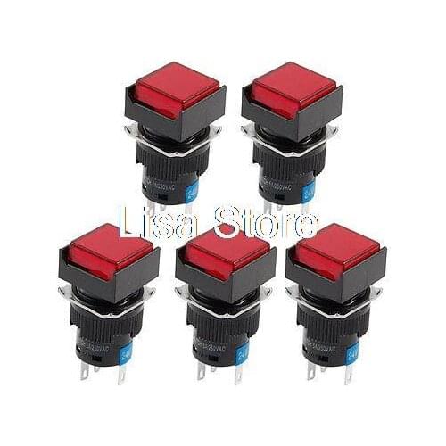 DC 24V Red Light 5P Momentary Panel Mount Squared Push Button Switches