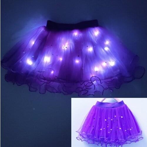 Tutu Skirt 2020 new childrens light mesh skirt girl luminous novelty led fluffy skirt with interlining skirt Show dress purple