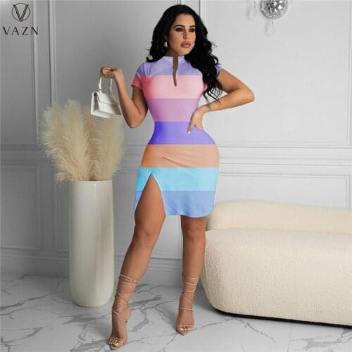 VAZN 2021 Hot Popular Patchwork Sweet Little Chap Soft Elastic Young Sexy Short Sleeve Women High Waist Thin Mini Dress