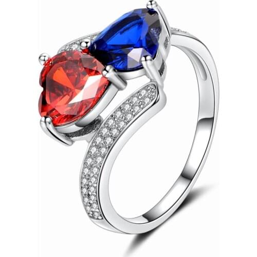 Hainon double heart Red Blue cz Crystal rings jewelry for women Silver Color Jewelry Romantic wedding rings Birthstone Gifts