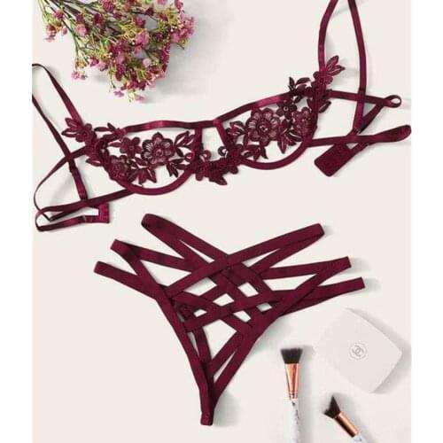 Sexy Lingerie Set Embroidery Sexy Kawaii Bandage Lace Cross Belt Hollow Bra Intimates Ladies Underwear Bra and Panty Set R80854