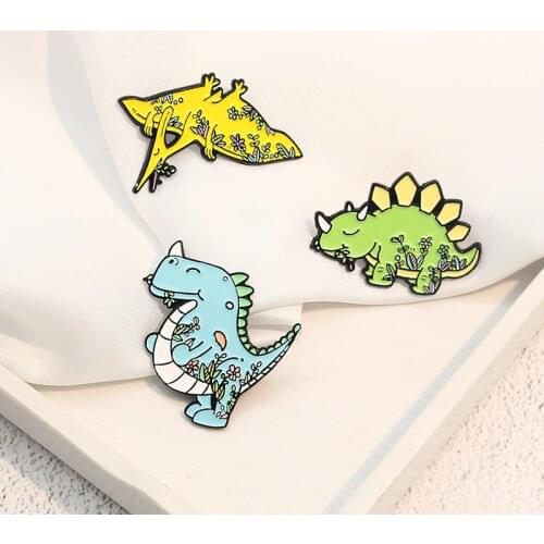Cartoon Cute Animals Dinosaurs Enamel Pins Plants Flowers Triceratops Tyrannosaurus Rex Brooch Alloy Punk Badges Woman Jewelry