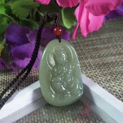 Natural Hetian Jade Hand Carved Guan Yin Jade Pendant Jewelry Lucky Exorcise Evil Spirits Auspicious Safety Amulet Fine Jewelry