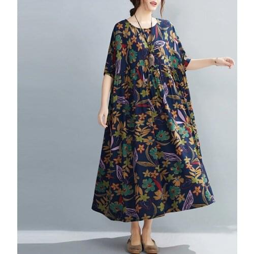 New 2021 Summer Plus Size Floral Dress Women Oversize Print Loose Cotton Linen Dress Robe Female Short Sleeve Maxi Dress 100 KG